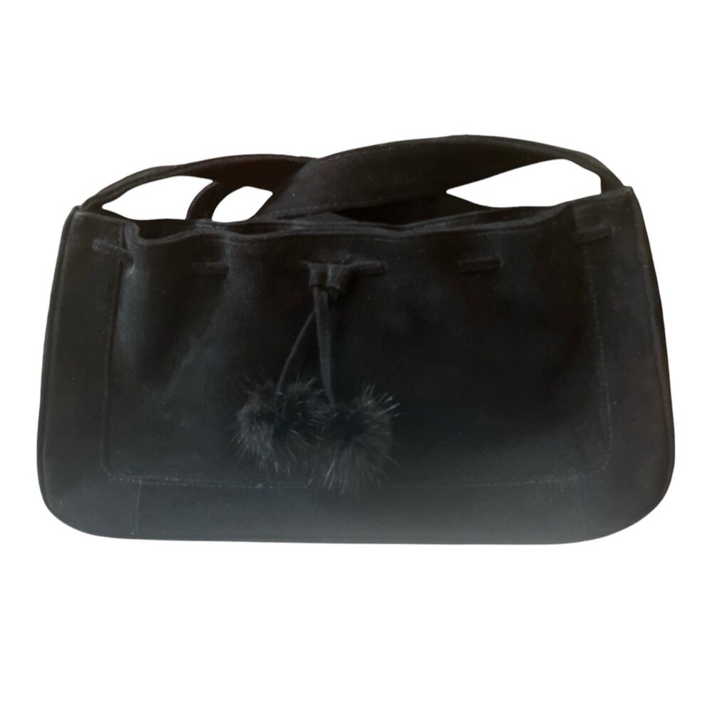 J Renee Suede Shoulder Bag Faux Fur Pompoms Magnetic Closure 11 x 6 x 3" READ